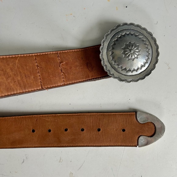 Polo Ralph Lauren Belt Women's 28 Tan Leather Western Concho Belt Silver Italy - Picture 6 of 11
